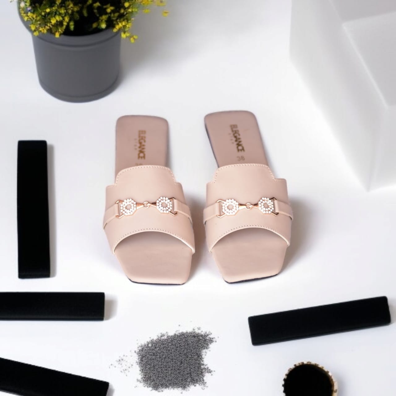 Elegance Luxe Slip-Ons – Rose Gold Chain Embellished Flats