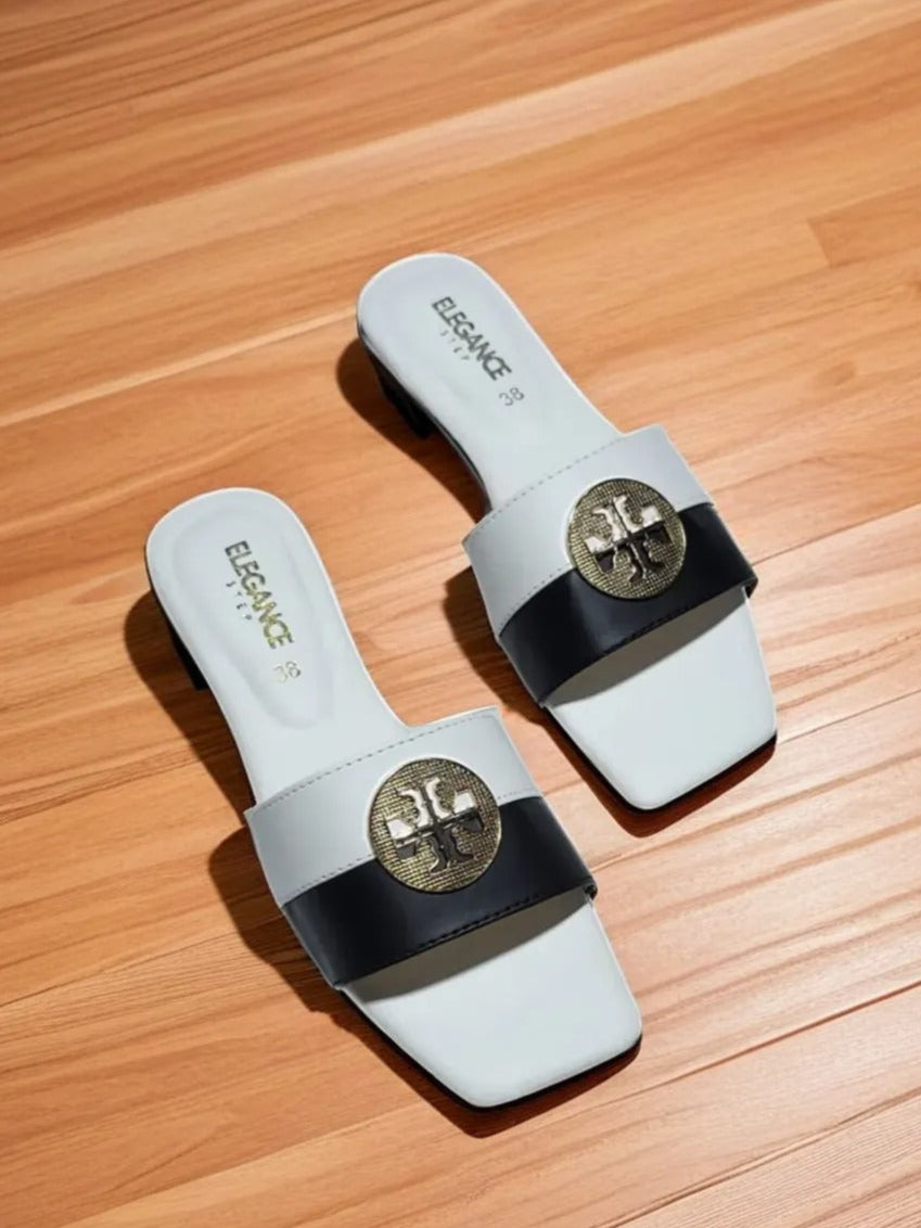 Elegance Emblem Slides – White Luxe